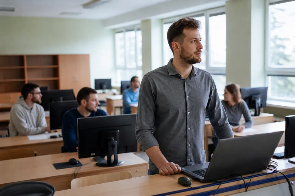Nauczyciel informatyki przy laptopie w szkolnej pracowni komputerowej